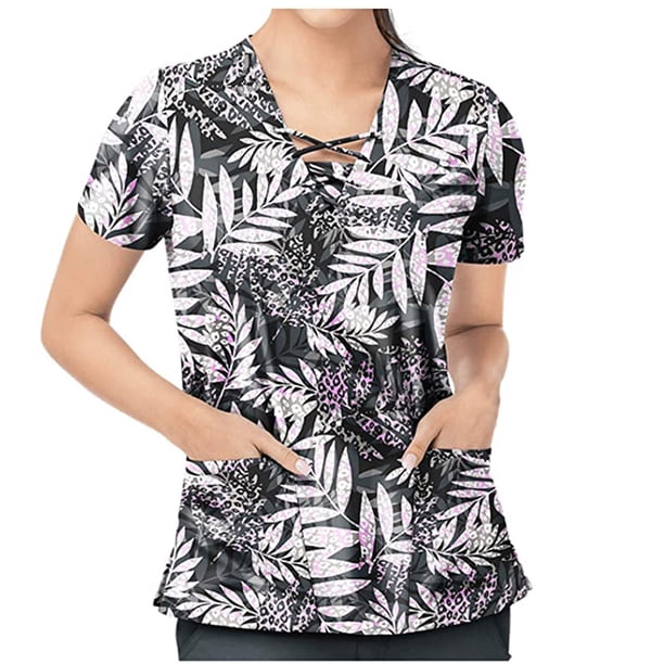 Uniformes de enfermera estampados para mujer, camisetas transpirables de manga corta con cuello en V y tallas grandes, camisetas con bolsillos Pompotops hkajfhjk457538