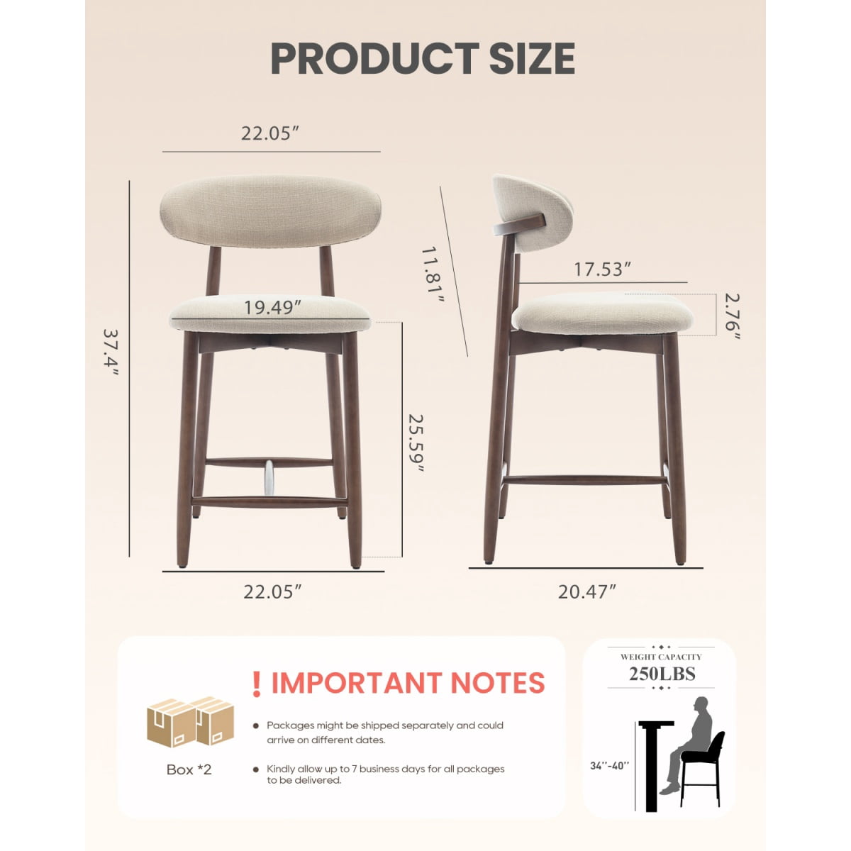 EOP Modern Bar Stools Set of 3, Upholstered 25.59″ Counter Height Bar Stools, Kitchen Island Barstools with Wood Legs for Kitchen Island Dining Room Bar, Beige