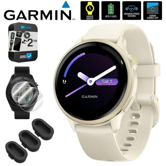 Garmin 010-02985-01 VIVOACTIVE 6 Health & Fitness GPS Smartwatch, Bone with Silicone Band Bundle with 2 Year Extended Warranty, Deco Essentials Silicone Dust Covers & 2-Pack Screen Protector