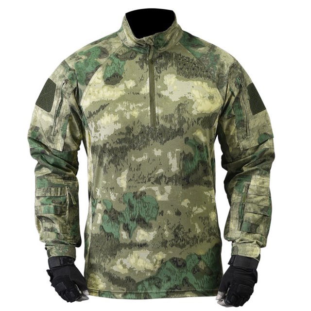 Blusa y camisa de cuello alto de manga larga para hombre, blusa de uniforme con cremallera y bolsillos de camuflaje para hombre, blusa de poliéster para hombre
