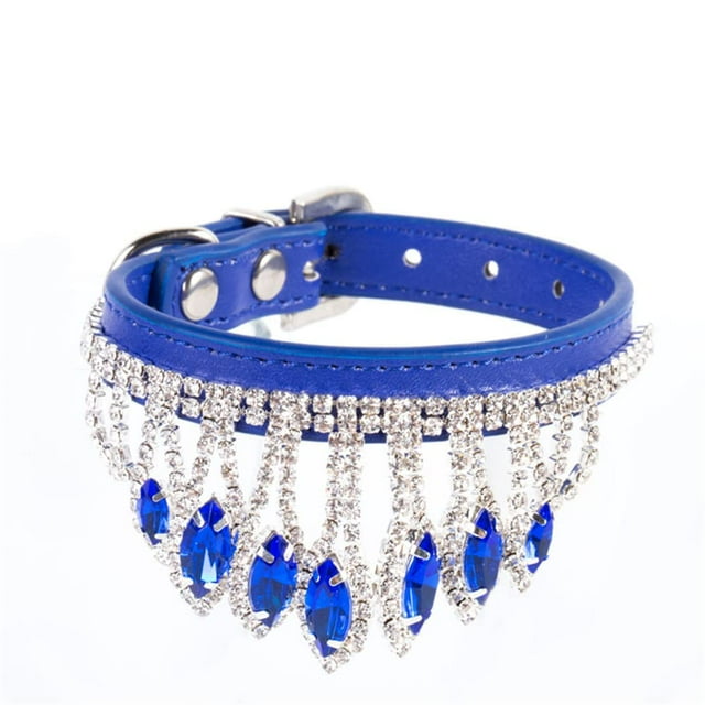 Collier pour Chat en Cuir avec Pompons, Collier pour Chien Réglable Rétro Gemme Colliers pour Petits Animaux Accessoires pour Chien Chaton Chiot, Bleu, 25cm