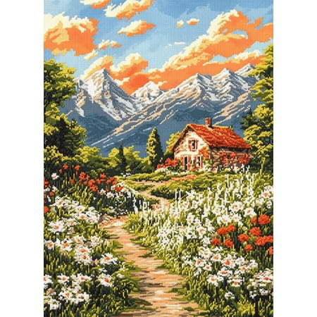DIY Cross Stitch Kit for Beginners English Garden with Flowers Trees Cottage 11CT Embroidery Kit with Pattern Stamped Needlepoint Craft Kit for Home Decor 30x40cm-1