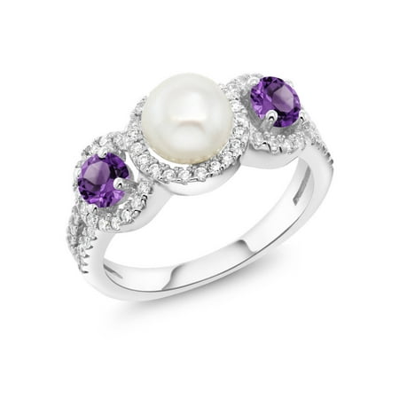 - 1.30 Ct Round Cultured Freshwater Pearl Purple Amethyst 925 Sterling Silver Ring