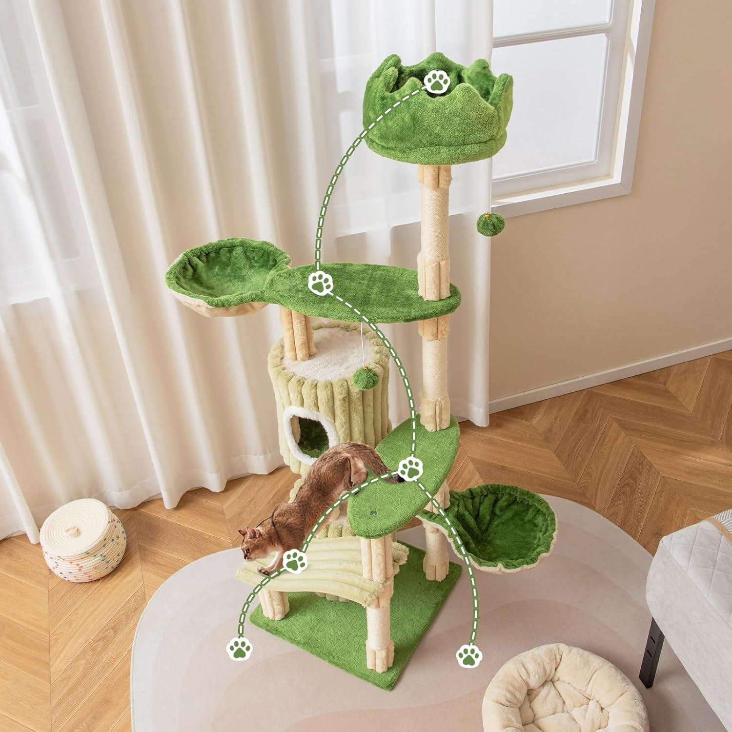 LEHOME 63 Inch Tall Cat Tree, Cute Green Cat Tower with 2 Condos, Plush Top Perch, 2 Basket Beds, Sisal Scratching Posts, 2 Dangling Balls, Slide Platform, Large Aesthetic Cat Tree for Indoor Cats