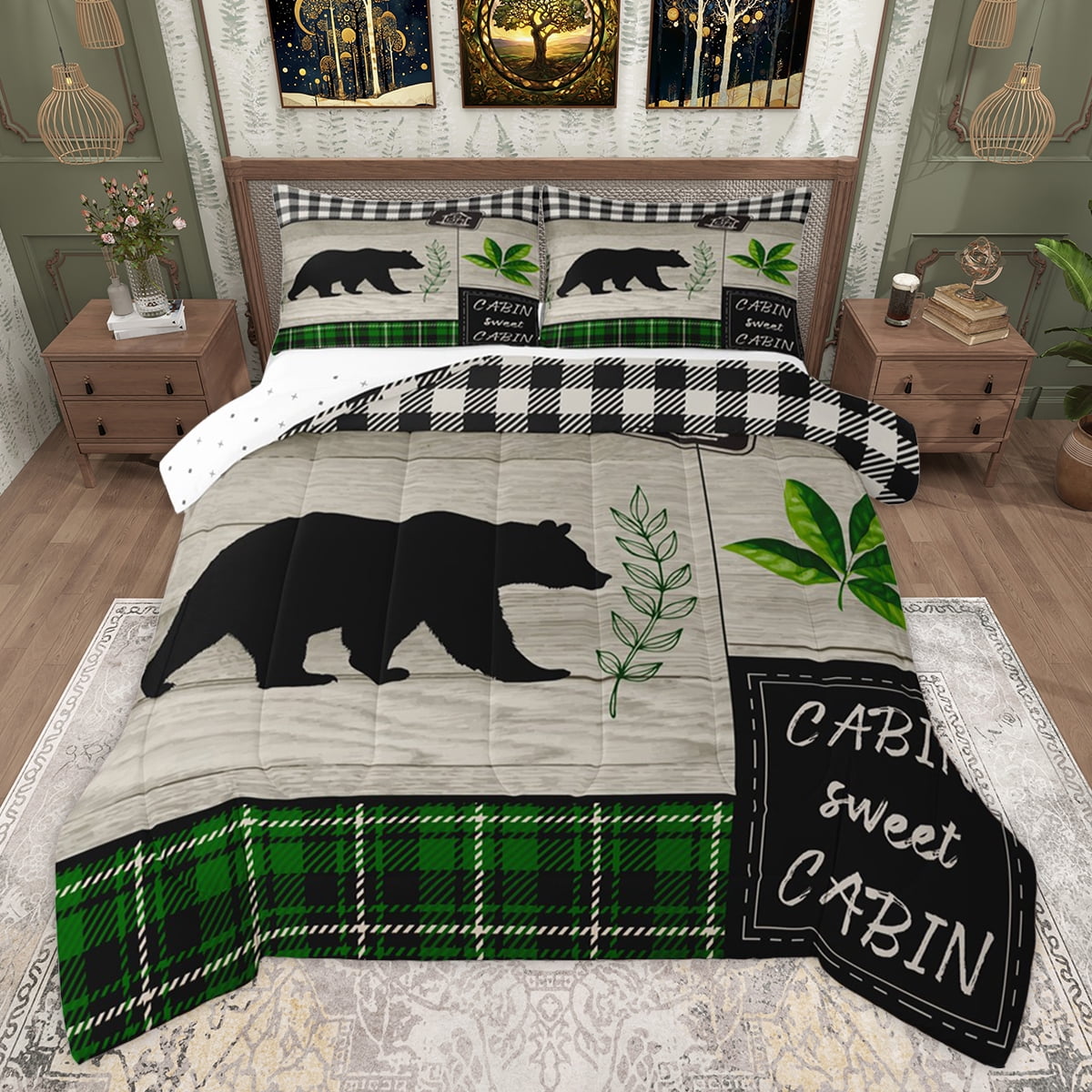 Homewish Rustic Bear Print Queen Comforter Set for Boys Jungle Hunting Animal Bedding Sets Retro Western Plaid Reversible Bedding Comforter Set Breathable Home Decor 3 Pieces