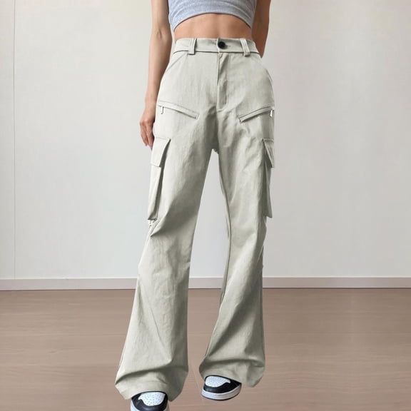 JUSLIO Cargo Pants for Women Zipper Pockets Casual Comfortable Straight Leg Wide Leg Pants Bell-bottoms Beige L