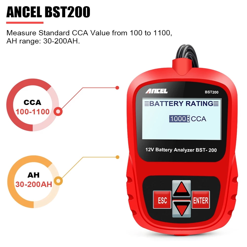 ANCEL BST200 Testeur de batterie de voiture 12 V 100-1100 CCA Charge Auto  Test Bad Cell Scan Tool Analyseur numérique pour voiture, camion, moto,  SUV, bateau, VTT, ORV et plus encore 