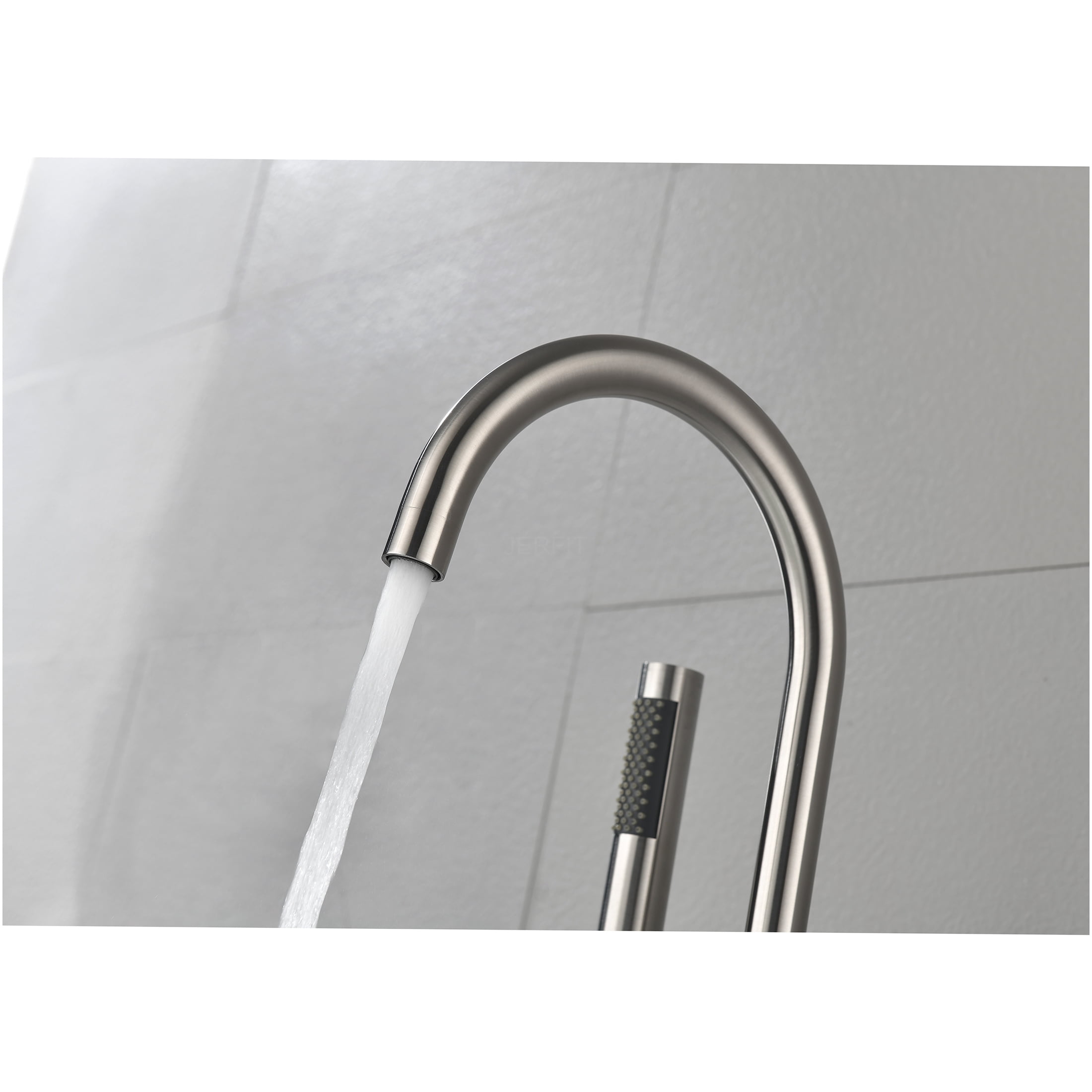 JERFIT Freestanding Tub Filler with Handheld Shower, Floor Mounted Bathtub Faucet in Brushed Nickel, High Flow Swivel Spout for Soaking Tubs