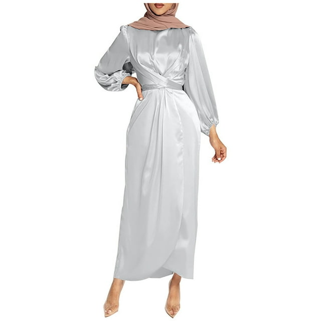 Robes Élégantes à Portefeuille pour Invitées de Mariage pour Femmes Automne Manches Longues Taille Haute Robe Maxi Unie Col Ras du Cou Robe de Soirée
