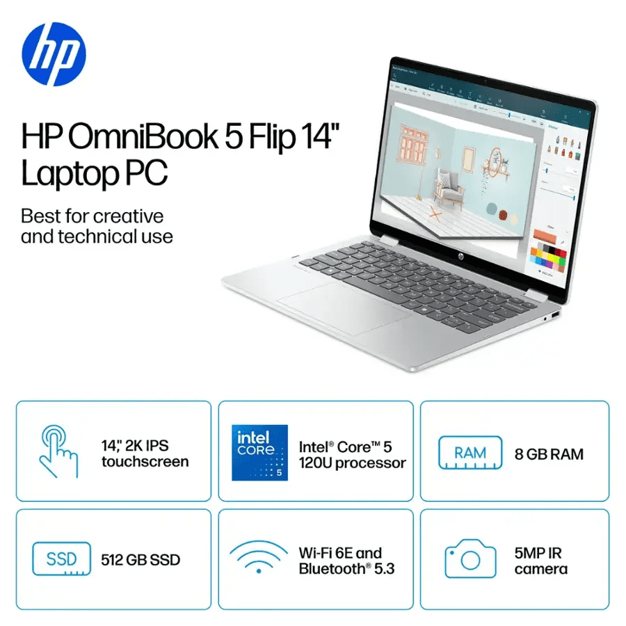 HP OmniBook 5 Flip 14” Full HD+ 2-in-1 Touchscreen Laptop, Intel Core 5 120U, 8GB RAM, 512GB SSD, Windows 11 Home
