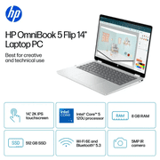 HP OmniBook 5 Flip 14” Full HD+ 2-in-1 Touchscreen Laptop, Intel Core 5 120U, 8GB RAM, 512GB SSD, Windows 11 Home