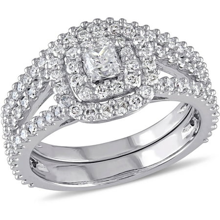Miabella 1-1/5 Carat T.W. Princess and Round-Cut Diamond 14kt White Gold Double Halo Bridal Set