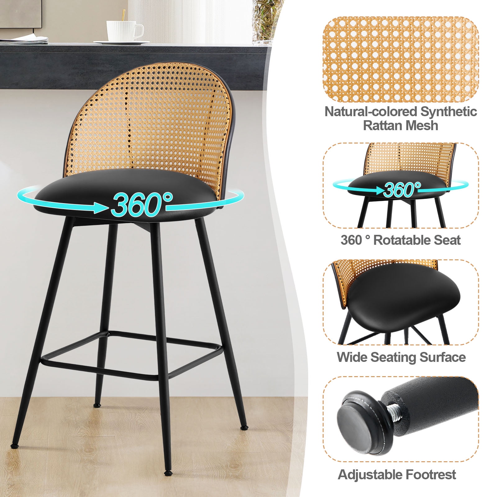 ANMINY Rattan Swivel Bar Stools, 26" Counter Height Set of 2, Upholstered Chairs Barstools with Full Back and Metal Legs Modern PU Fabric Seat for Kitchen Island
