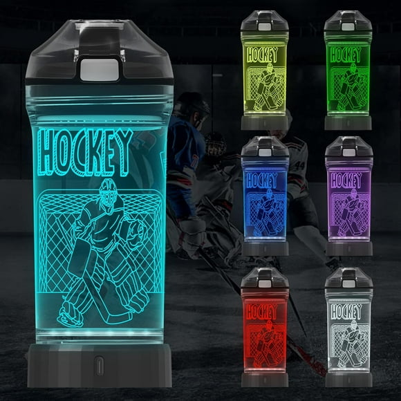 SHIQI-Hockey Water Bottle for Kids, Light up 3D Travel Cup with 14 OZ Tritan BPA Free Eco-Friendly - Timer Function, Cool Drinking Cups Gifts for Hockey Player Boy School Sports Camping Picnic