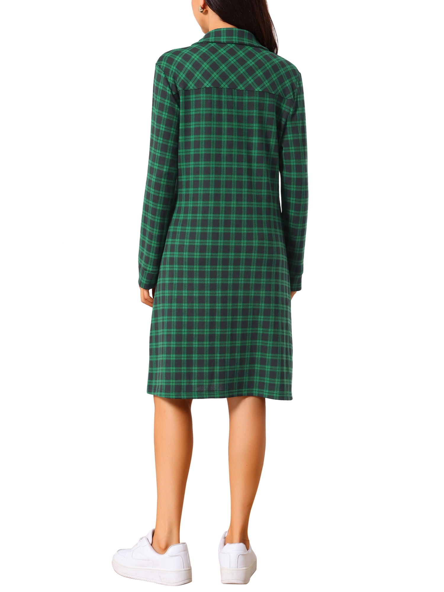 DARING DIVA Women's Vintage Plaid Long Sleeve Casual Knee Length Dress S Dark Green