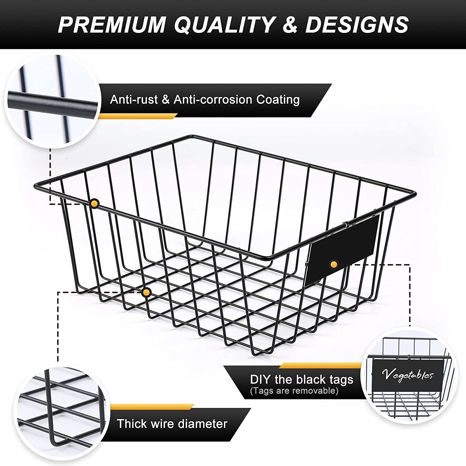 8 Pack Wire Storage Baskets for Organizing with Removable Tags, Pantry Organization Bins for Kitchen Cabinets, Closet - Metal Basket for Laundry, Garage, Refridge, Bathroom Countertop Organizer, Black