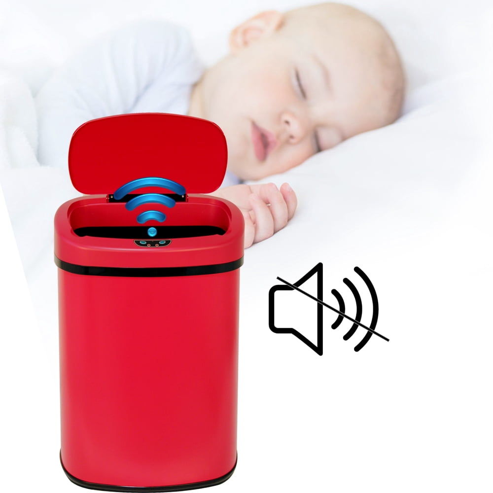 Automatic Sensor 13 Gallon Trash Can Touch Free Trash Can No Touch Garbage Can Kitchen Waste Bin Bathroom Trash Can with Lid for Home Bedroom Office, Power by Battery, Red