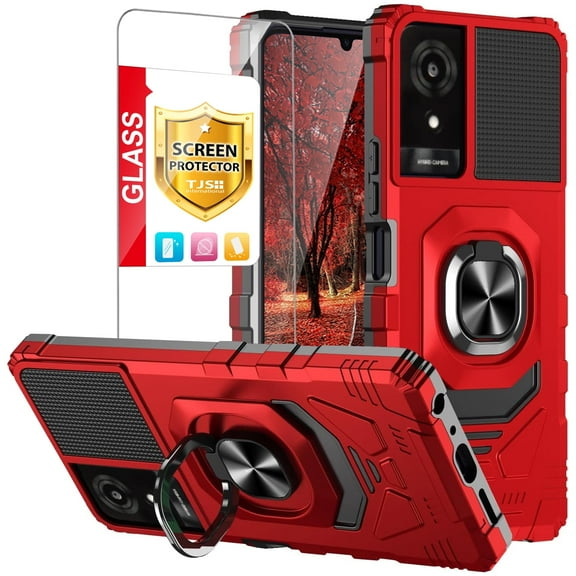 TJS for TCL K24 (T434D) / K23 Phone Case, with Tempered Glass Screen Protector, [Military Grade] Robotic Magnetic Support Car Mount Metal Ring Holder Kickstand Cover (Red)