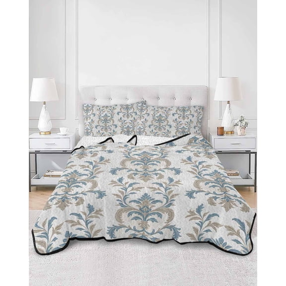 Quilts Twin XL Size, Blue Tan Flower Soft Comforter Bedding Set for Bed, Abstract Vintage Ethnic Tribal Boho Lightweight Quilted Bedspread with Pillow Cover(2 Pieces) for All Season, 68x98 Inch