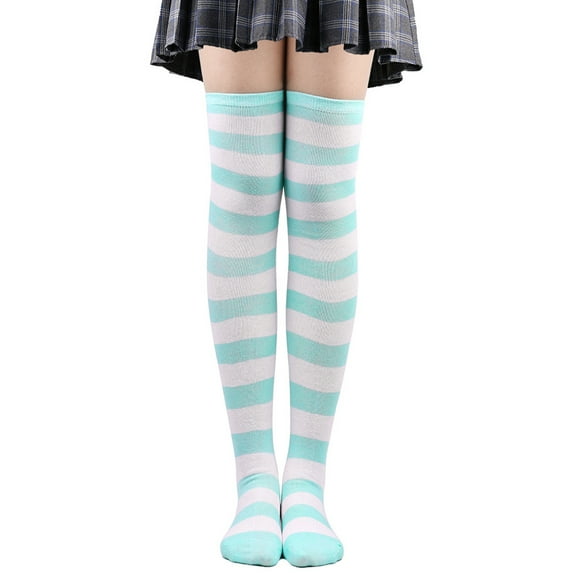 ERDOUY 2 Pairs Womens Thigh High Socks Cotton Striped Over the Knee Socks Long Knee High Stockings for Women,Blue