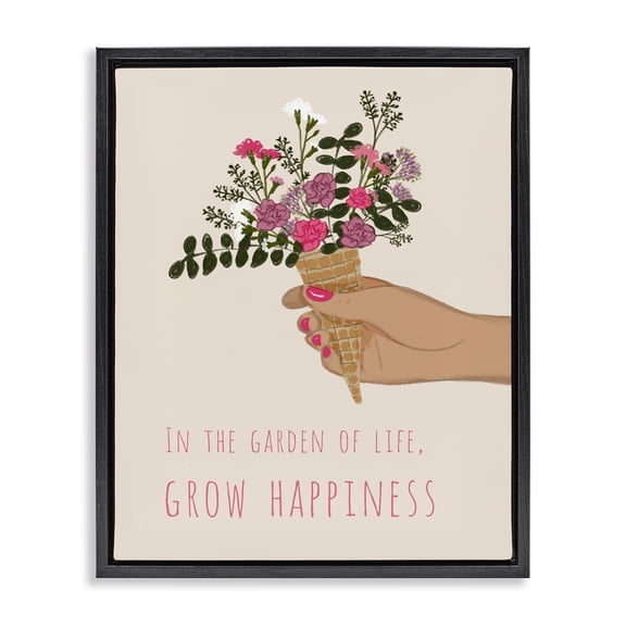 Stupell Industries Grow Happiness with Florals Plants & Flowers Painting Black Floater Framed Canvas Art Print Wall Art, 17 x 21