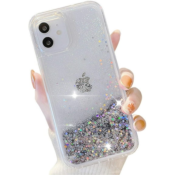 Liquid Glitter Case Compatible with iPhone 12, Hard Back Colorful Bling Quicksand Phone Case (Sequins Silver, iPhone 12)