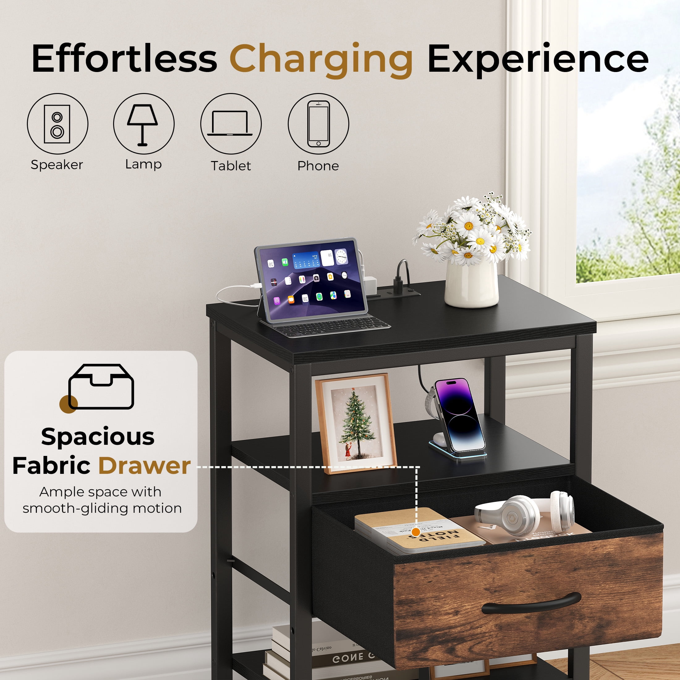 EDX Wall-Mounted Bedside Table, Built-in Outlet with USB/Type-C Ports and Adjustable Drawer, 3-Tier Storage Shelf with Fabric Drawer for Bedroom Space Saving, Black+Genuine antique wood color