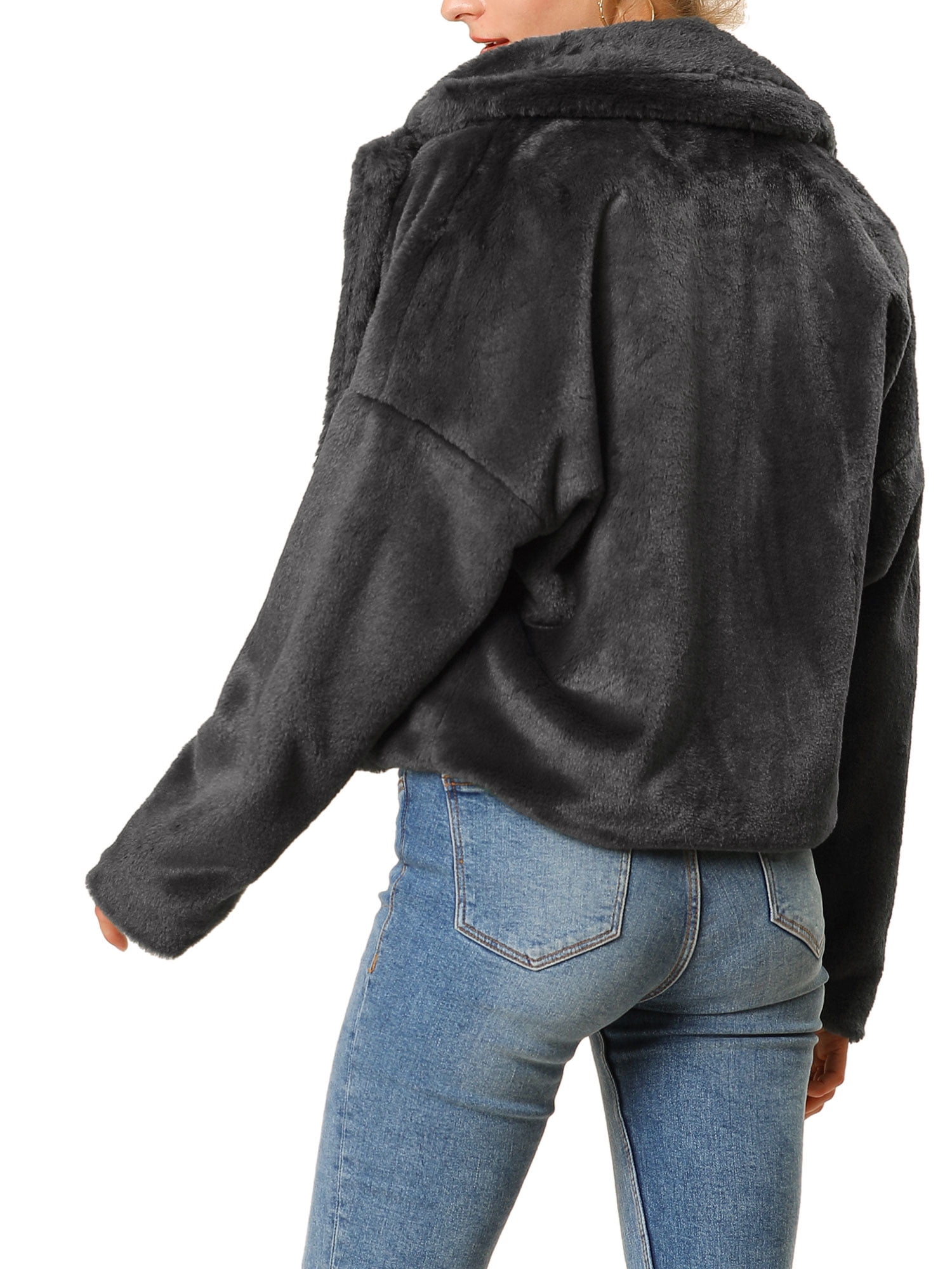 DARING DIVA Women's Cropped Jacket Notch Lapel Faux Fur Fluffy Coat S Black