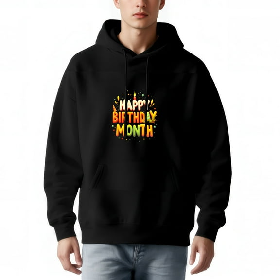 Men's Long Sleeve Hoodie Pullover Sweatshirt with Pockets - Colorful ' HAPPY BIRTHDAY MONTH ' Design Pattern
