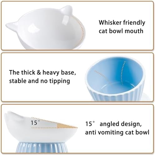 Ceramic Raised Cat Bowl，Tilted Raised Bowl Anti Vomit for Indoor Cats Whisker Friendly Pet Feeder for Cats Puppies, Microwave and Dishwasher Safe (Pink)