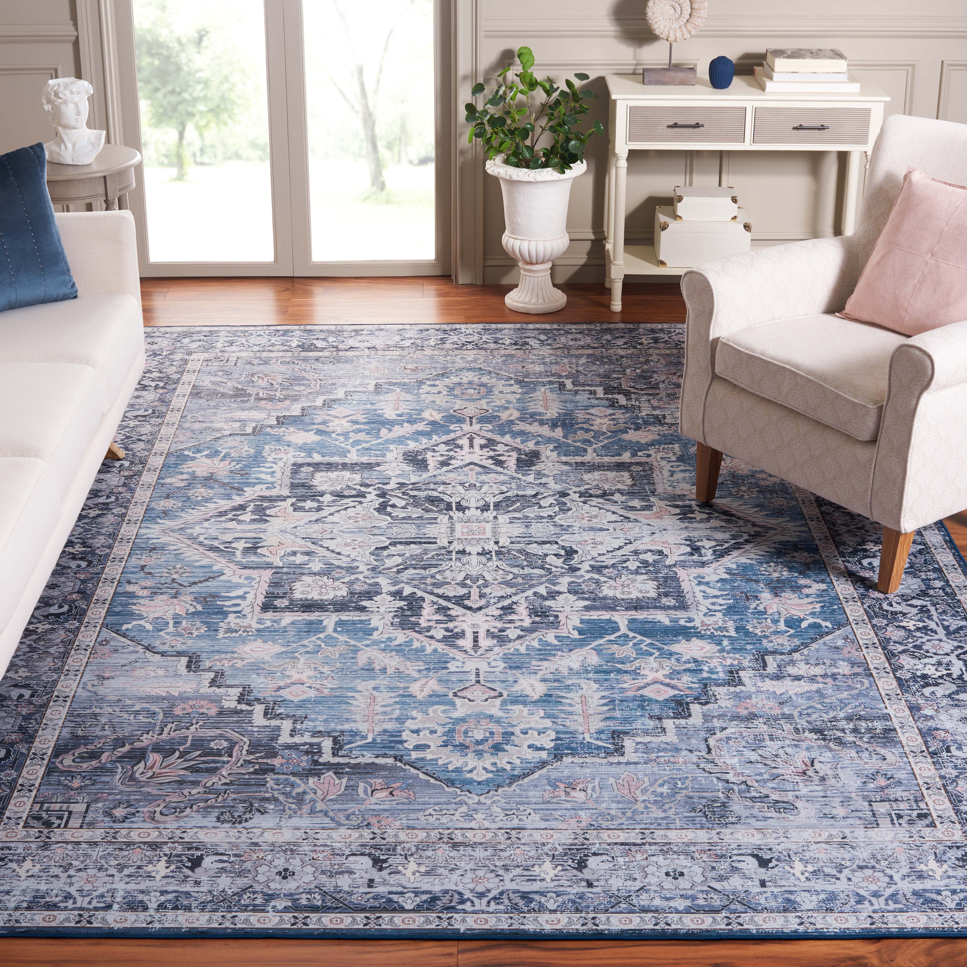 SAFAVIEH Tucson Beulah Traditional Machine Washable Area Rug, 9' x 12', Blue/Charcoal