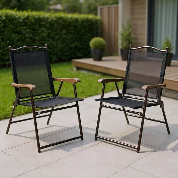 Resenkos Set of 2 Patio Folding Sling Back Camping Deck Chairs-Black, Outdoor Dining Chair for Outside Patio, All Weather, Porch, Garden, Poolside