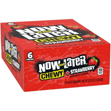 Now and Later Strawberry Chewy Candy Bars 24 Count Box 0.93 oz Each