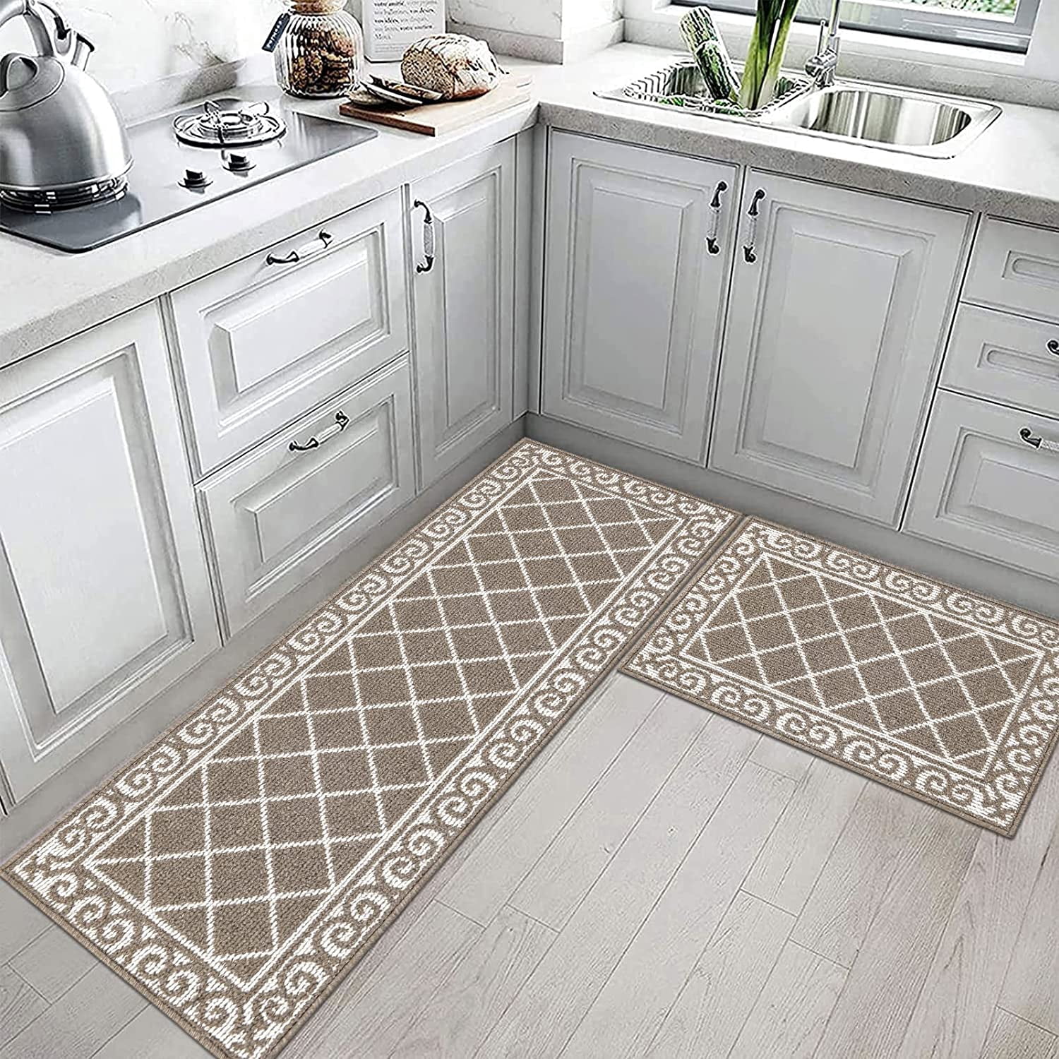 Findosom 20"x32"+20"x48" 2pcs Kitchen Rug Set Non Slip Kitchen Runner Rug and Doormat Machine Washable Kitchen Mats Set Kitchen Area Rug Floor Mat Long Hallway Laundry Room Runner Rug Coffee