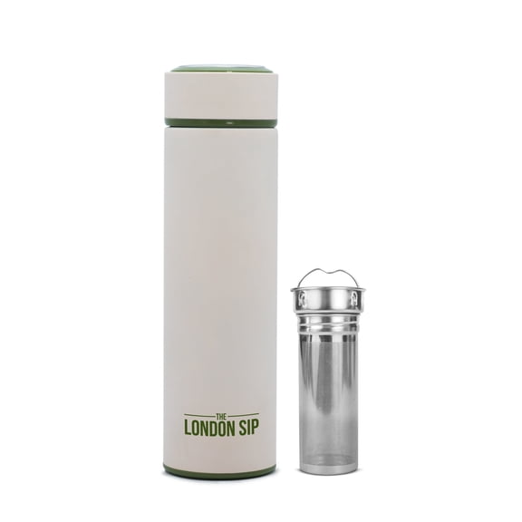 London Sip 16.9 oz Multi-Purpose Tea Infuser Mug – Fruit Infuser Water Bottle for Hot and Cold – Double Wall Stainless Steel Insulated, Safari Beige