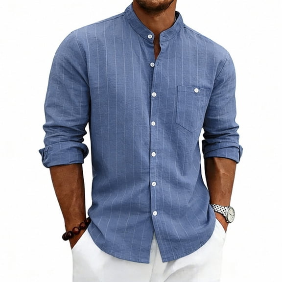 Qiyinn Men's Cotton Linen Long Sleeve Shirts Casual Button Down Banded Collar Shirt Beach Summer Tops with Pocket