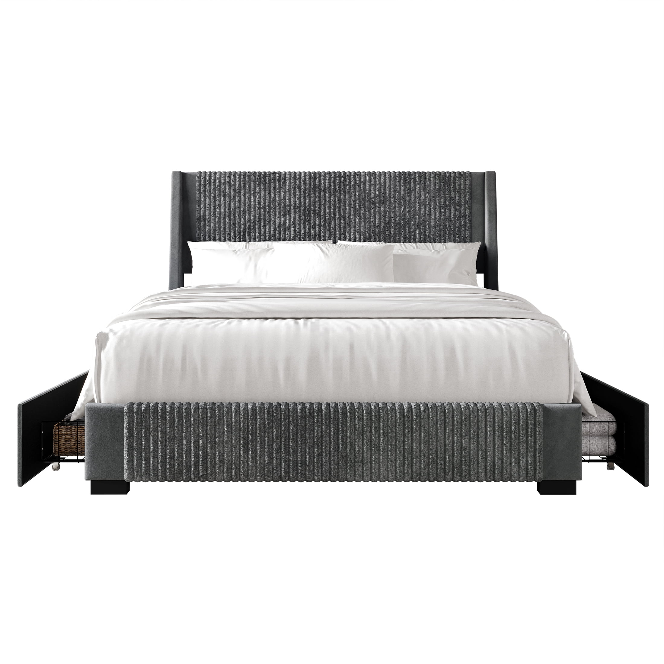 Castle Place Corduroy Velvet King Platform Bed With Storage, Grey