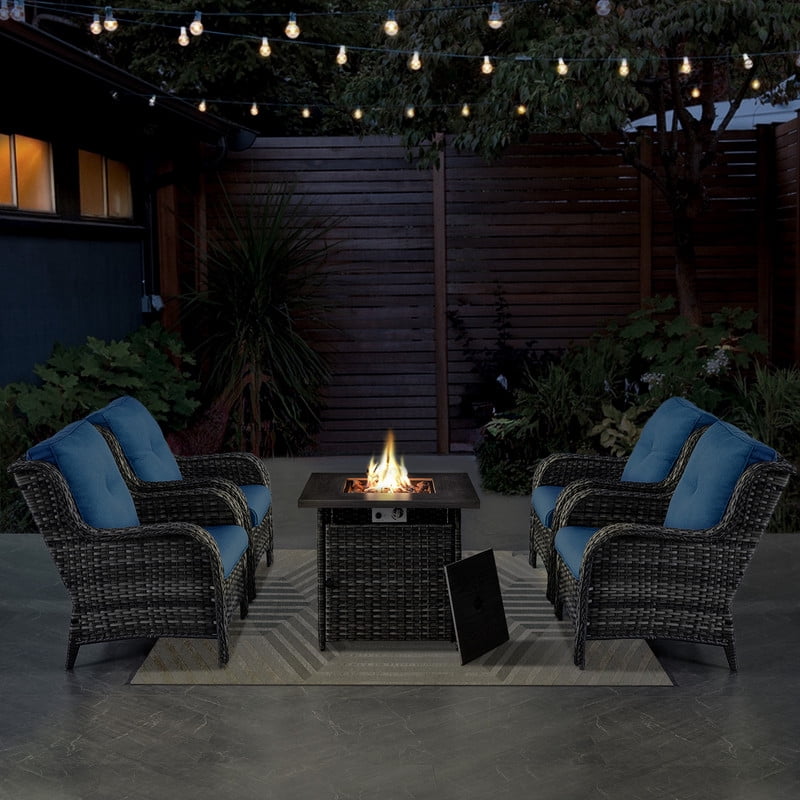 PARKWELL 5 Pieces Patio Furniture 4-Seat Outdoor Conversation Set with 30" 2 in 1 Propane Fire Pit Table and Deep Seat Lounge Accent Armchairs,Gray Wicker and Navy Cushions