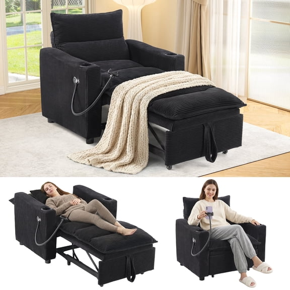 Ebello 3-in-1 Sleeper Sofa Bed, Corduroy Convertible Pullout Futon Couch with Adjustable Backrest, Phone Holders & USB Ports for Apartment, Small Space, 1-Seat(Black)