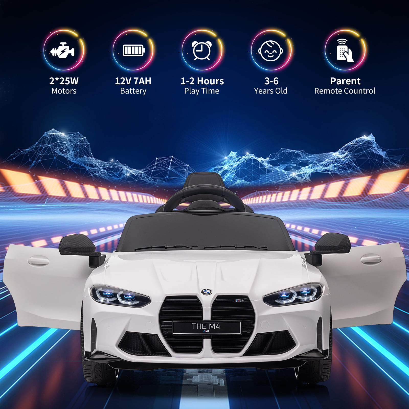 Joyspirit BMW M4 Licensed Remote Control Electric Ride-On Car for Kids - Bluetooth, 3-Speed, LED Lights, Suspension System, White, Ideal for Ages 37-83 Months