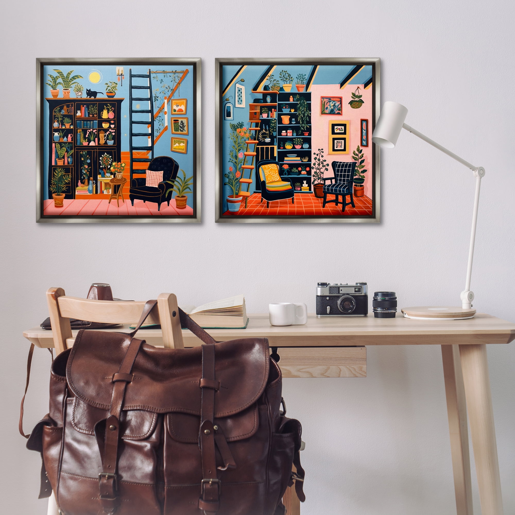 Stupell Industries Cozy Decorated Reading Nook Furniture Painting Gray Floater Framed Canvas Art Print Wall Art, 25 x 25, Set of 2