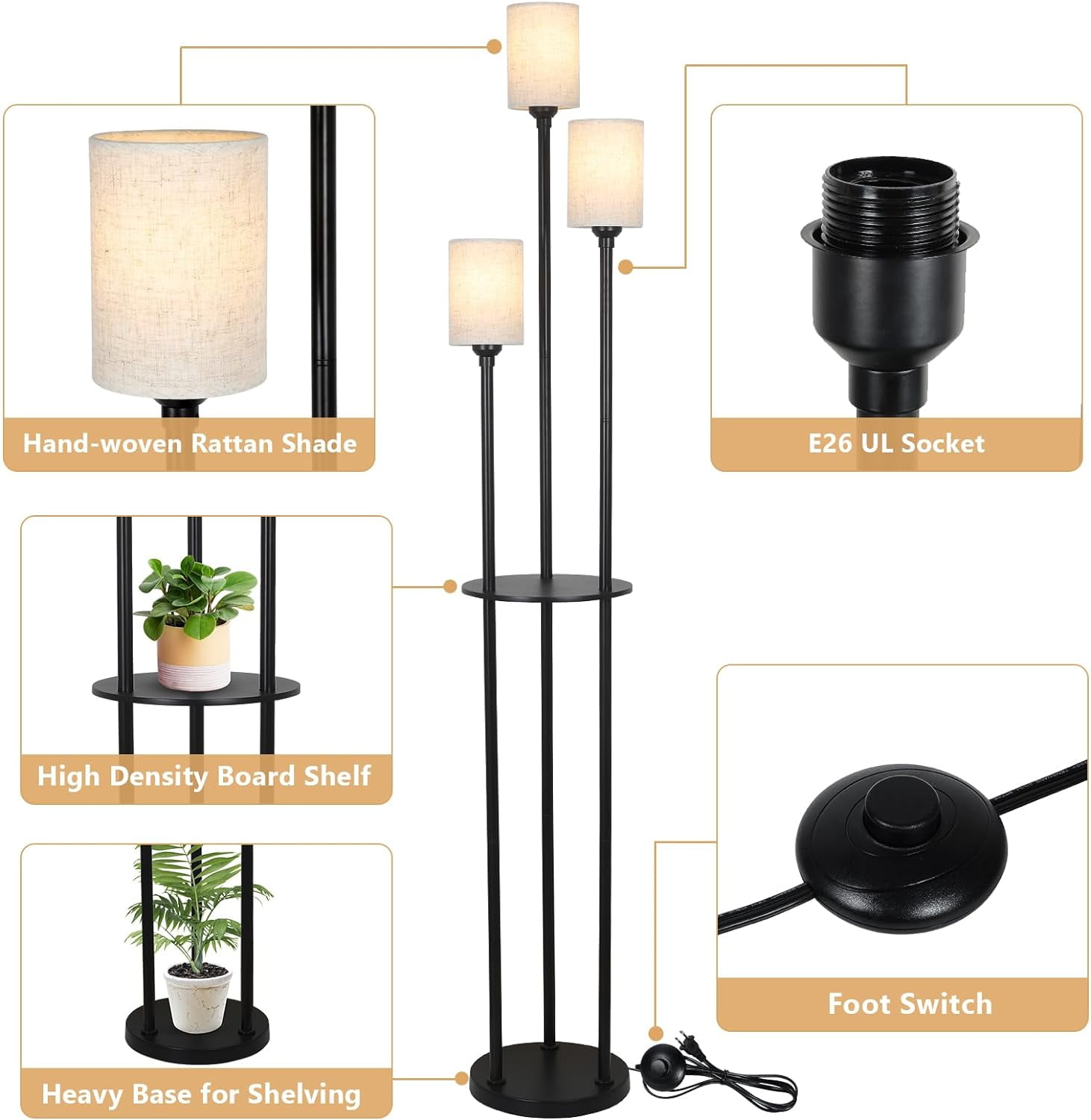 Lighting Fixtures Floor Lamp with Shelves, Modern Floor Lamps for Living Room, 3-Lights Standing Lamp with Linen Shade and Foot Switch, Industrial Standing Lamps for Bedroom, Black Tall Table Lamp fo