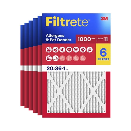 Filtrete 20x36x1 HVAC Furnace Air Filter, MPR 1000 MERV 11, Allergens & Pet Dander, 6 Pack