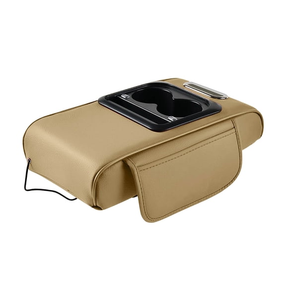 Multifunctional Pu Leather Car Armrest Box Mat, 5-in-1 Car Accessories Interior Organizers with 2 Storage Bags Cup Holder, Tissue Box Slot, Phone Slot for Most Cars (Large mesh Style,Beige)