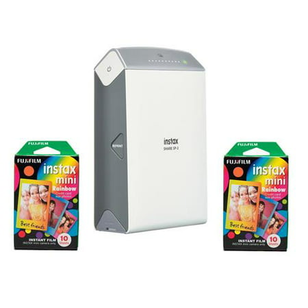 Fujifilm instax SHARE SP-2 Smartphone Printer, 320dpi, Silver - With 2 Pack FujiFilm Instax Mini Rainbow Film, 10