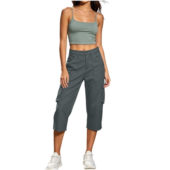 Womens Straight Leg Capri Cargo Pants High Waisted Button Closure Cropped Trousers with Pockets Casual Work Hiking Pants Dark Gray