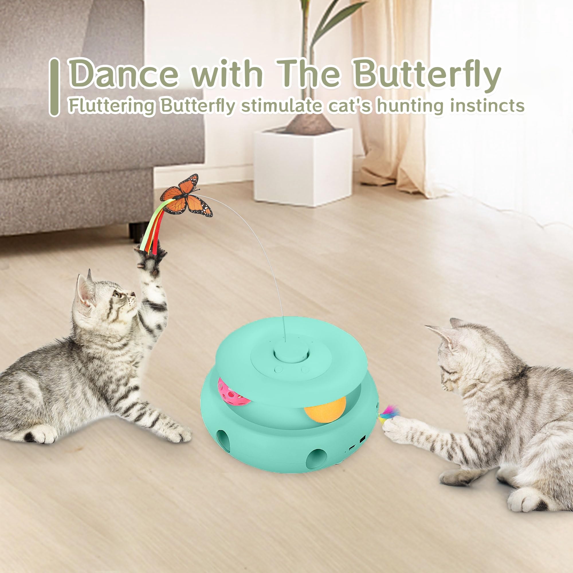 Cat Toys 3-in-1 Interactive For Indoor Cats Rechargeable Automatic With Fluttering Butterfly Smart Sensor 6 Holes Mice Whack-a-mole And Track Balls Blue