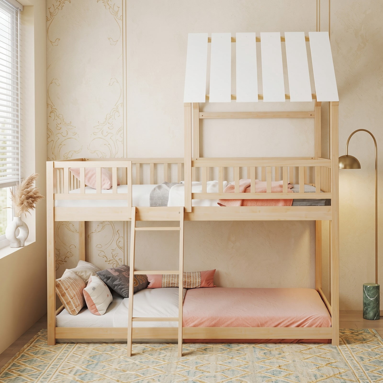 Furnibear House Bunk Bed with Roof and Full-length Guardrails Wood Low Floor Bed for Kids Teens Boys and Girls Bedroom, Natural