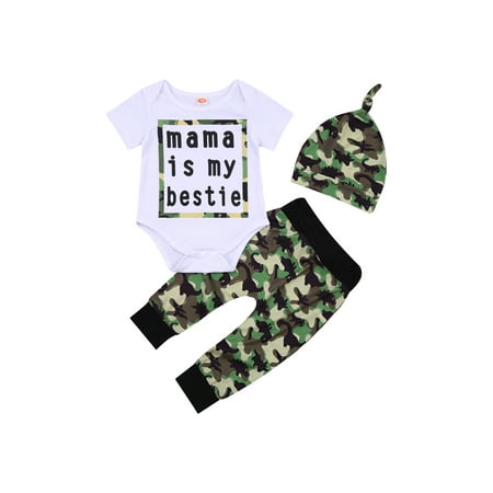 

Binwwede Infant Newborn Baby Boy Outfits Short Sleeve Romper Mama is My Bestie Print + Camouflage Pants with Hat 3Pcs ClothesMHX