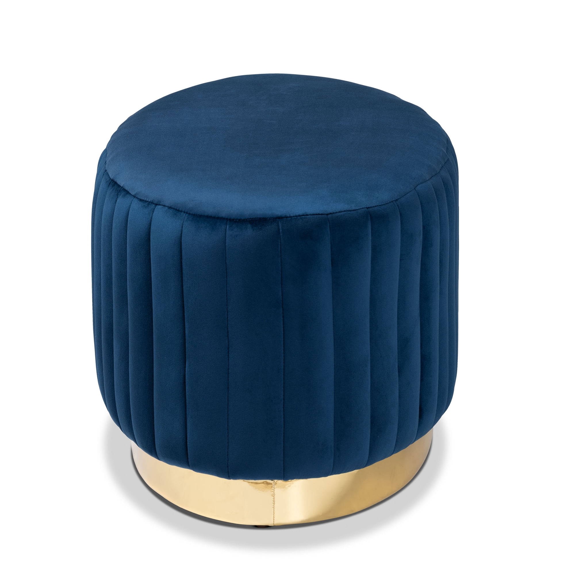 Baxton Studio Kirana Glam and Luxe Navy Blue Velvet Fabric Upholstered and Gold PU Leather Ottoman